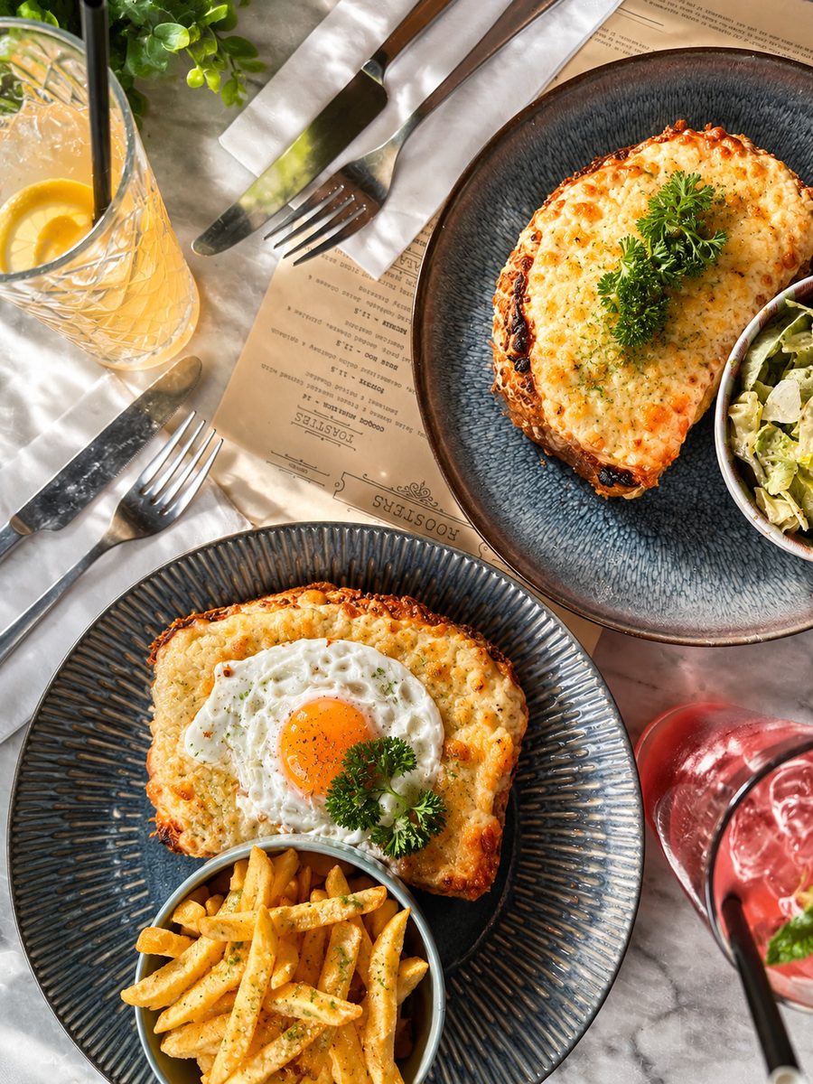 Croque pair with halloumi fries and cocktails