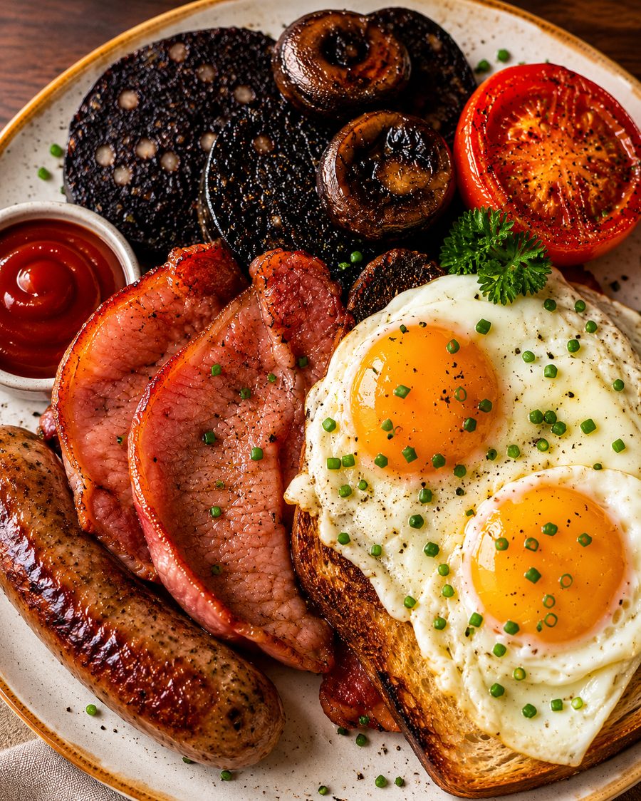 Full English breakfast plated up at Roosters